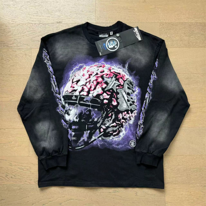 [50% Off]Aged Helmet Cracked Letter Lightning Washed Version Long Sleeve T-Shirt
