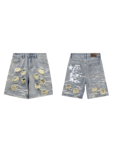 High street vintage ripped back logo print denim shorts