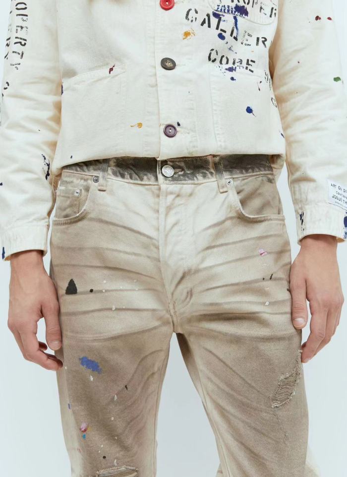 1:1 quality version Slashed and frayed dirty hand-painted ink dot jeans