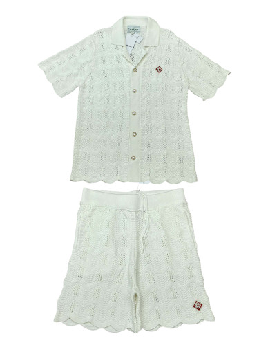 1:1 quality version Vintage Pearl Button Ripple Cutout Knit Polo Shirt & Shorts Set