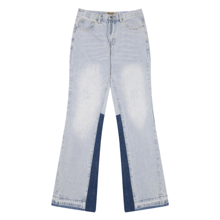 Basic Washed Light Blue Spliced Micro Jeans