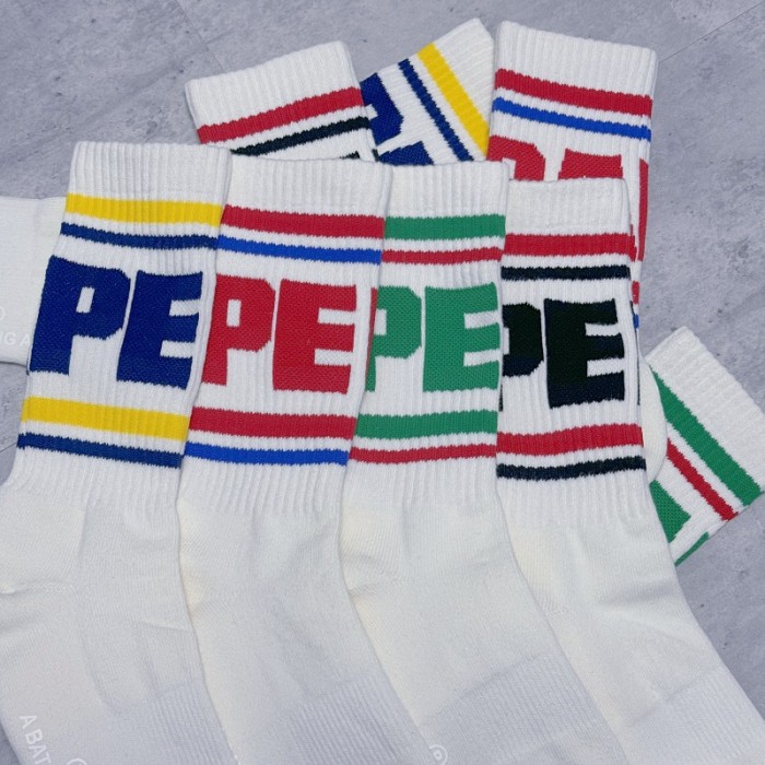 Ape Head Colorful Double Bar Stripe Large Letter Mid Calf Socks 4 colors