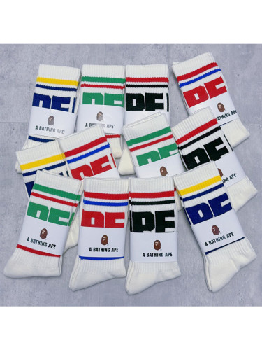 Ape Head Colorful Double Bar Stripe Large Letter Mid Calf Socks 4 colors