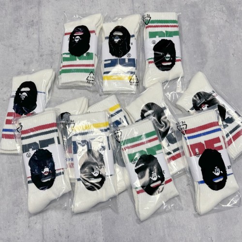 Ape Head Colorful Double Bar Stripe Large Letter Mid Calf Socks 4 colors