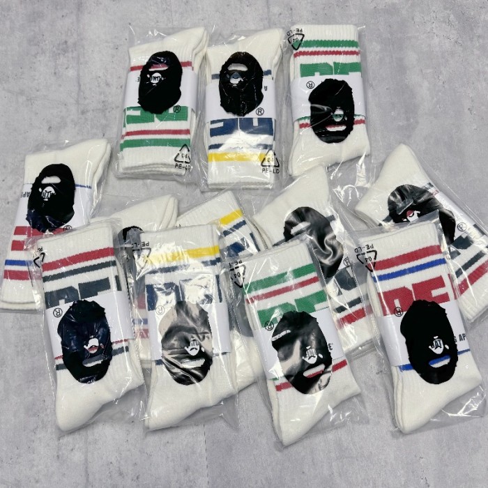 Ape Head Colorful Double Bar Stripe Large Letter Mid Calf Socks 4 colors