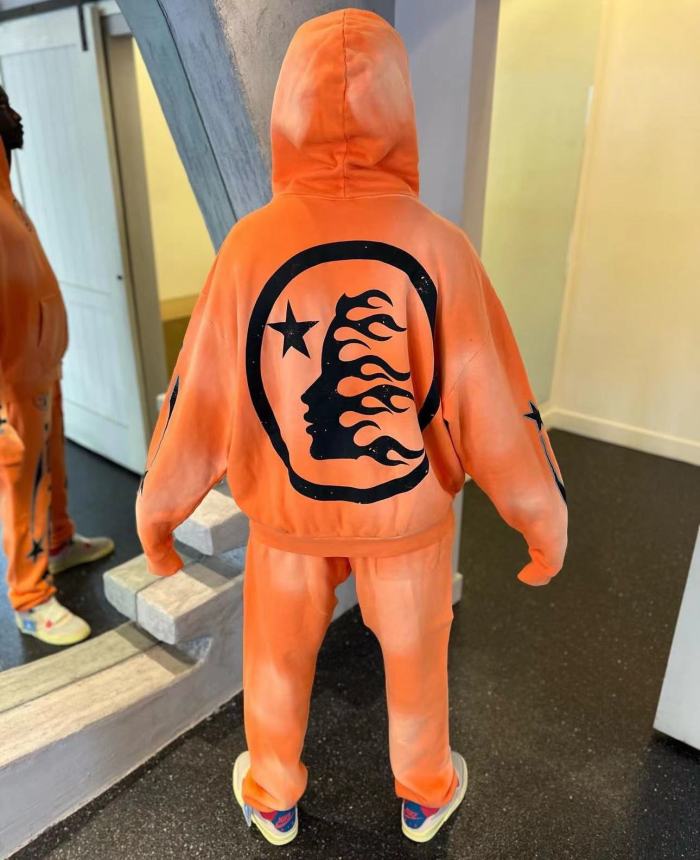 1:1 quality version Back Big Logo Washed Orange hoodie & pants set with NFC tag