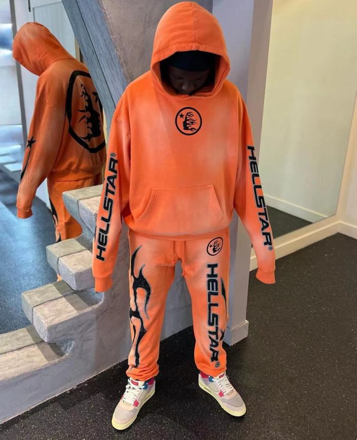 1:1 quality version Back Big Logo Washed Orange hoodie & pants set with NFC tag