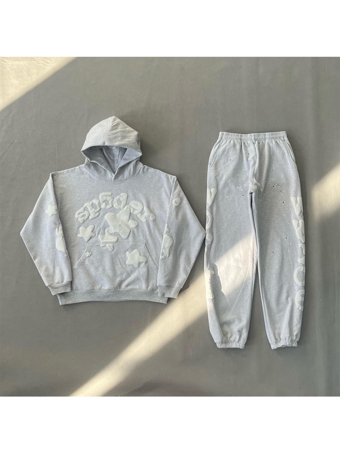 1:1 quality version Gray Alphabet Big Star Foam Print  Hoodie & Pants Set