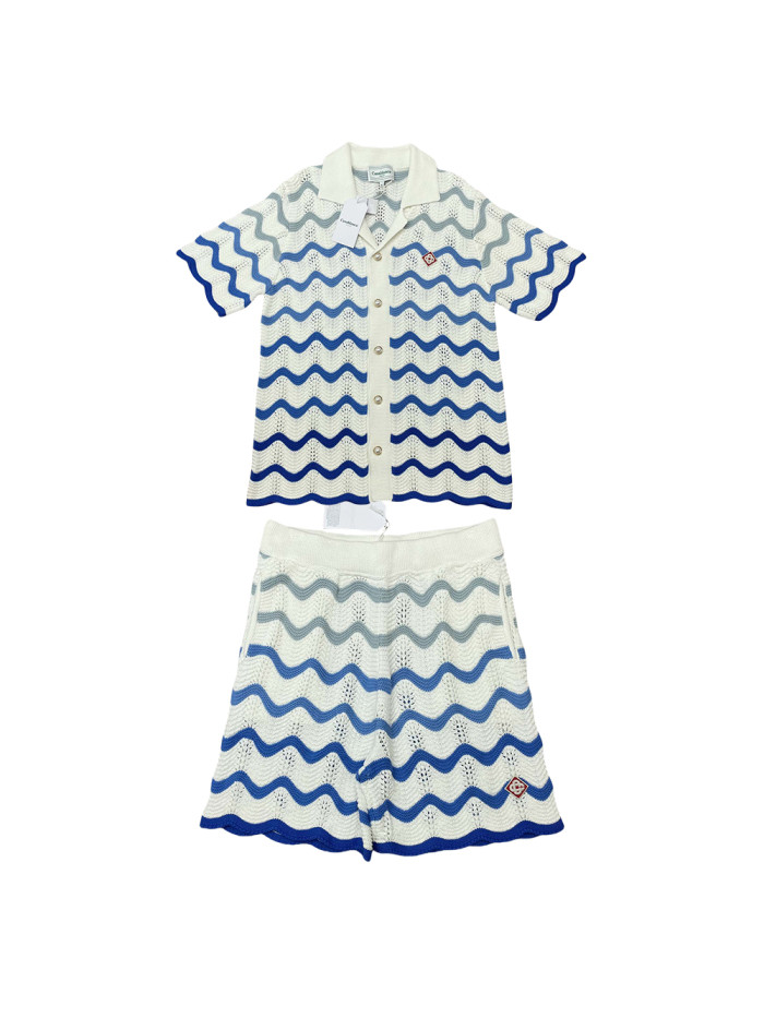 1:1 quality version Gradient wave meta pearl button knit polo Shirt & Shorts Set 2 colors