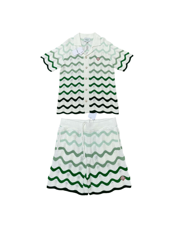 1:1 quality version Gradient wave meta pearl button knit polo Shirt & Shorts Set 2 colors