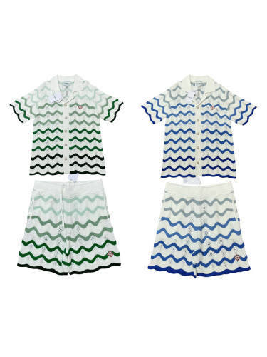 1:1 quality version Gradient wave meta pearl button knit polo Shirt & Shorts Set 2 colors