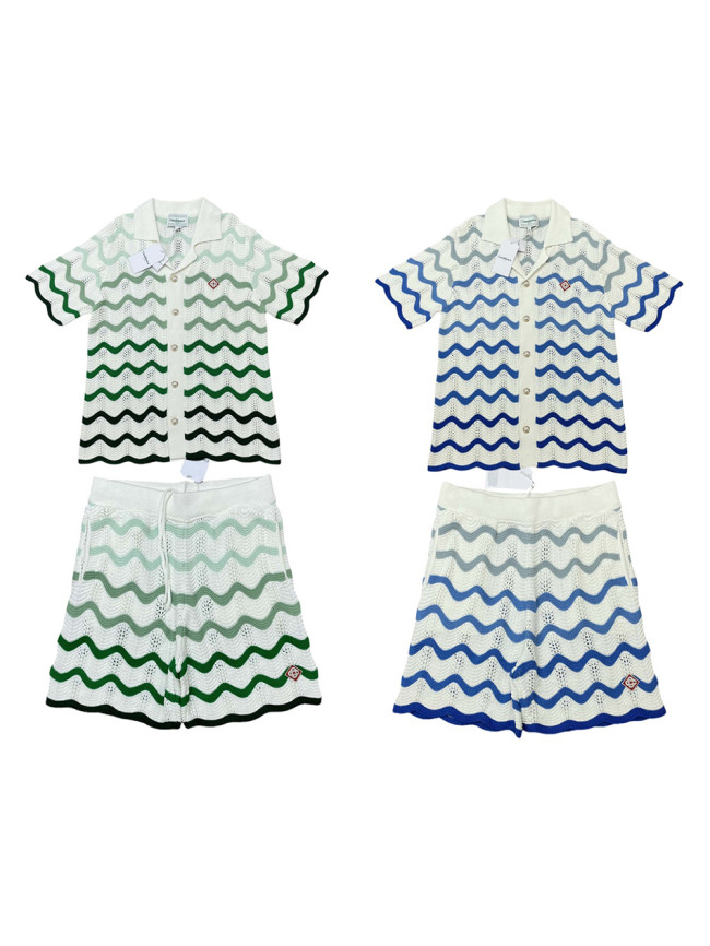 1:1 quality version Gradient wave meta pearl button knit polo Shirt & Shorts Set 2 colors