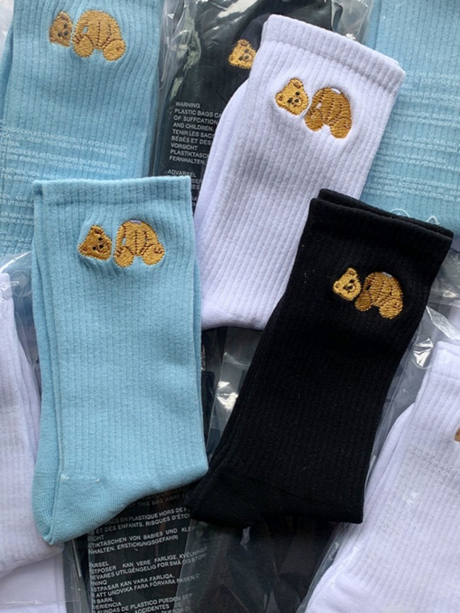 Broken Bear Embroidered Mid Calf Socks 3 colors