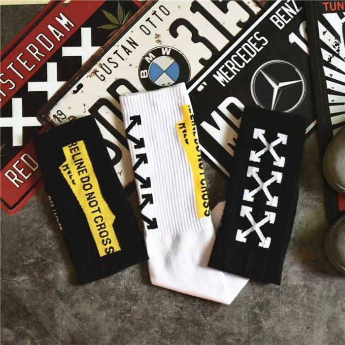 Warning line black and white arrow letters Skateboarding Mid Calf Socks 8 colors
