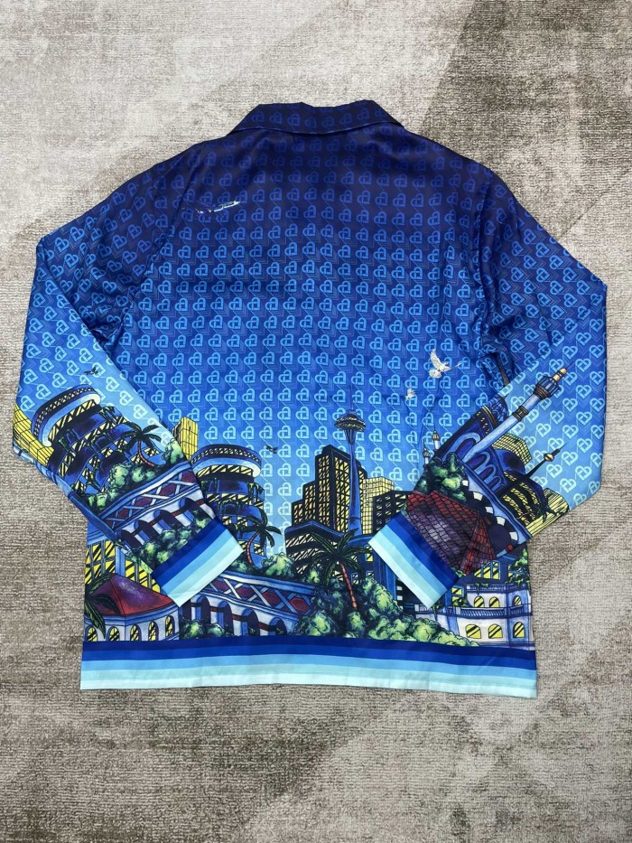 1:1 quality version Urban Night Scene All-over Printed Heart Pattern Silk Lapel Long Sleeve Shirt & pants Set