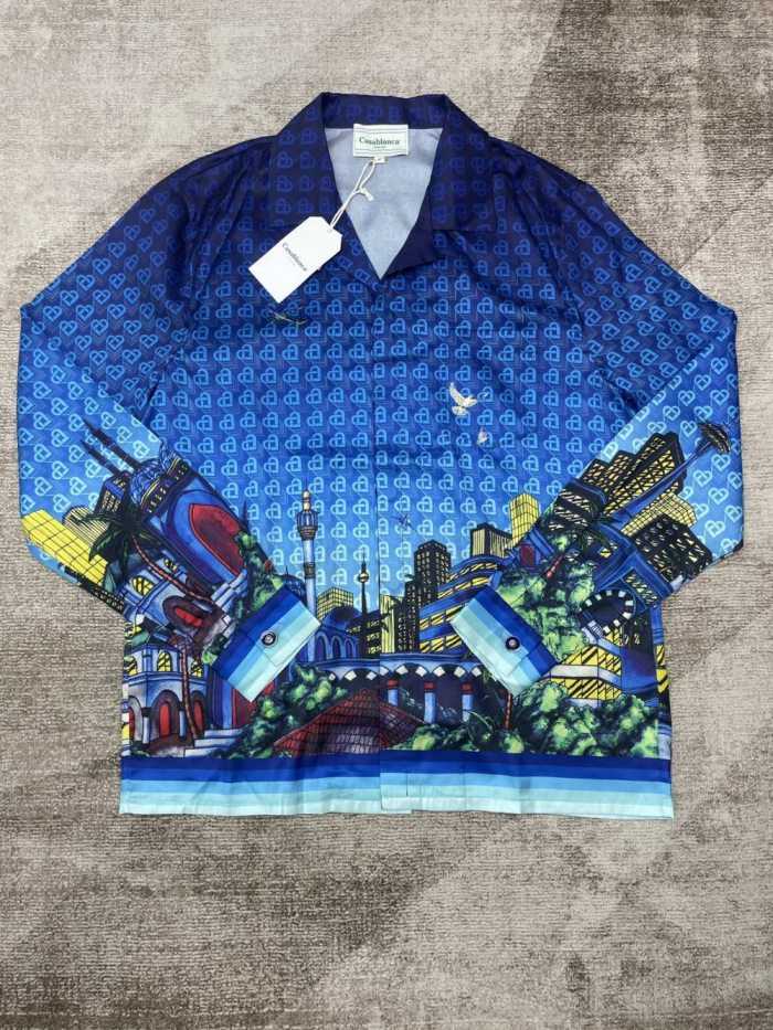 1:1 quality version Urban Night Scene All-over Printed Heart Pattern Silk Lapel Long Sleeve Shirt & pants Set