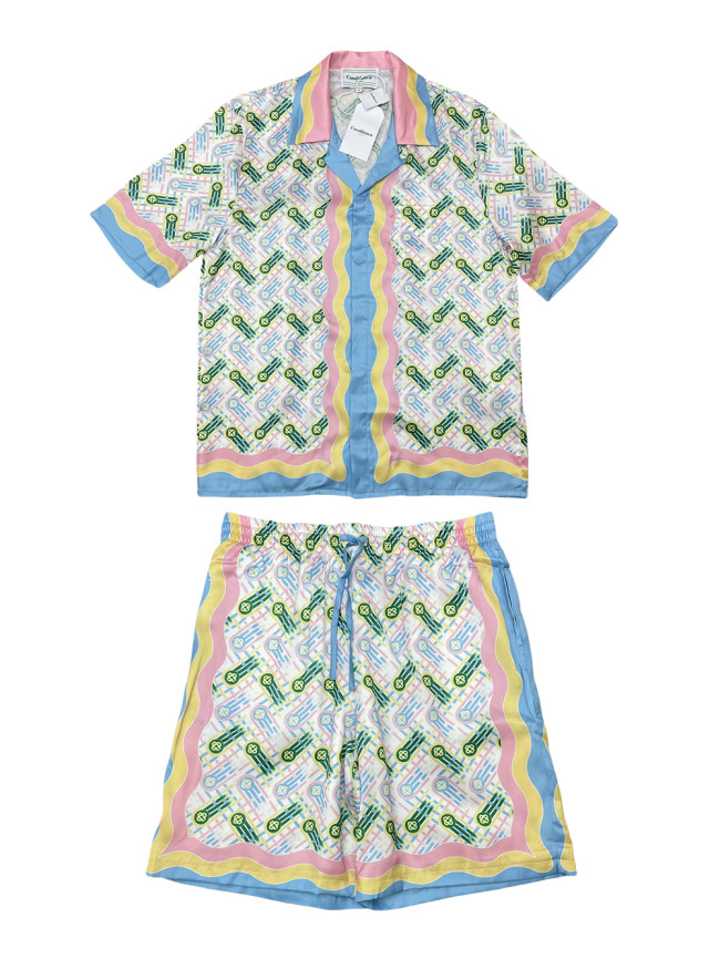 1:1 quality Silk Pink Pop-up Floral Raglan Stripe Polo shirt & shorts set