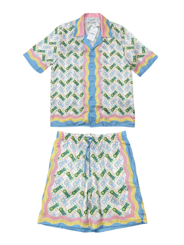 1:1 quality Silk Pink Pop-up Floral Raglan Stripe Polo shirt & shorts set