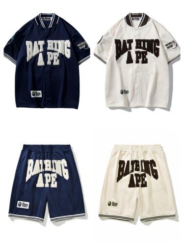 [buy more save more]De Velvet Letter Embroidered Casual Baseball Shirt Short Sleeve & Shorts 2 colors