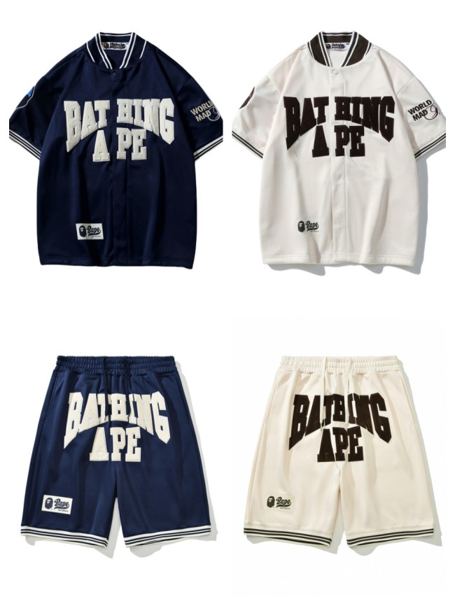 [buy more save more]De Velvet Letter Embroidered Casual Baseball Shirt Short Sleeve & Shorts 2 colors