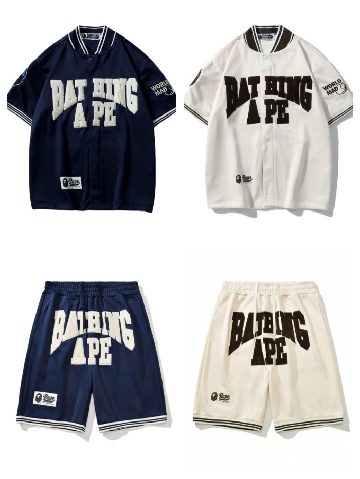 [buy more save more]De Velvet Letter Embroidered Casual Baseball Shirt Short Sleeve & Shorts 2 colors