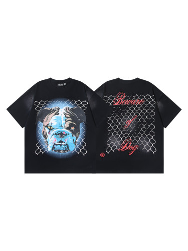 Washed Version Dog Head Barbed Wire Letter Print tee