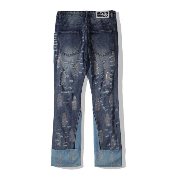 [50% Off]Who Decides War 1:1 quality version Rhinestone Logo Small Ripped Patchwork Jeans 26948396
