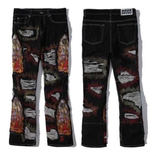 1:1 quality version Double-sided ripped applique embroidered logo jeans 2 colors