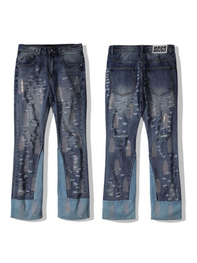 [50% Off]Who Decides War 1:1 quality version Rhinestone Logo Small Ripped Patchwork Jeans 26948396