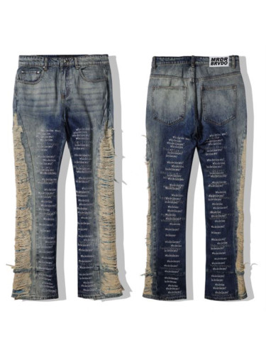 1:1 quality version Hip Hop Spliced Raw Edge Fringe All Over Printed Letter Jeans