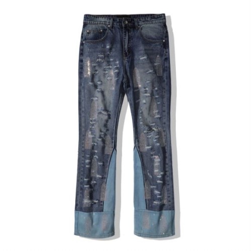 1:1 quality version Rhinestone Logo Small Ripped Patchwork Jeans