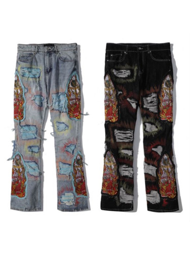 1:1 quality version Double-sided ripped applique embroidered logo jeans 2 colors