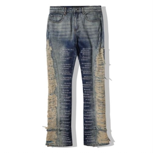 1:1 quality version Hip Hop Spliced Raw Edge Fringe All Over Printed Letter Jeans