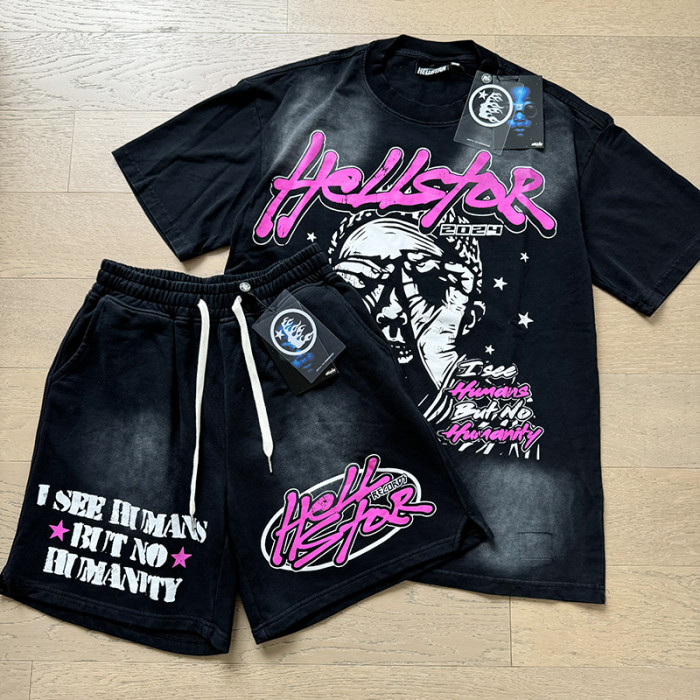 [50% Off]Hellstar Studio 2024 Hip Hop Portrait Slogan Printed Washed Version Tee & Shorts Set 26955060