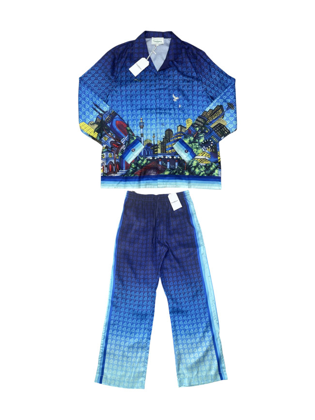 1:1 quality version Urban Night Scene All-over Printed Heart Pattern Silk Lapel Long Sleeve Shirt & pants Set