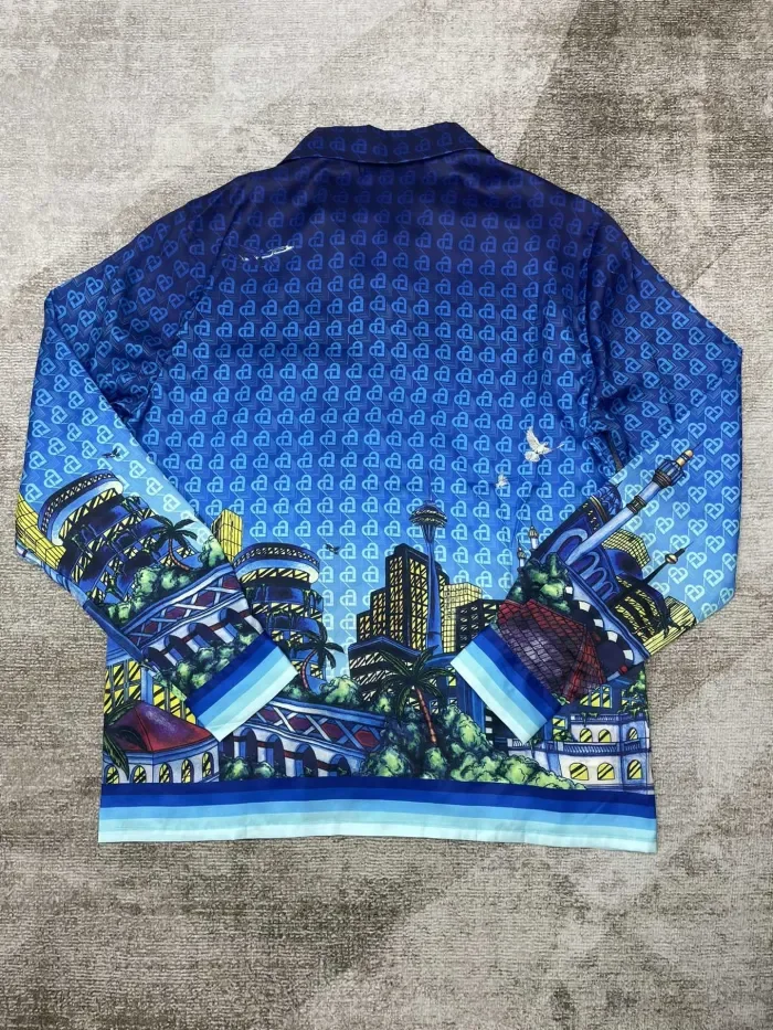 1:1 quality version Urban Night Scene All-over Printed Heart Pattern Silk Lapel Long Sleeve Shirt & pants Set