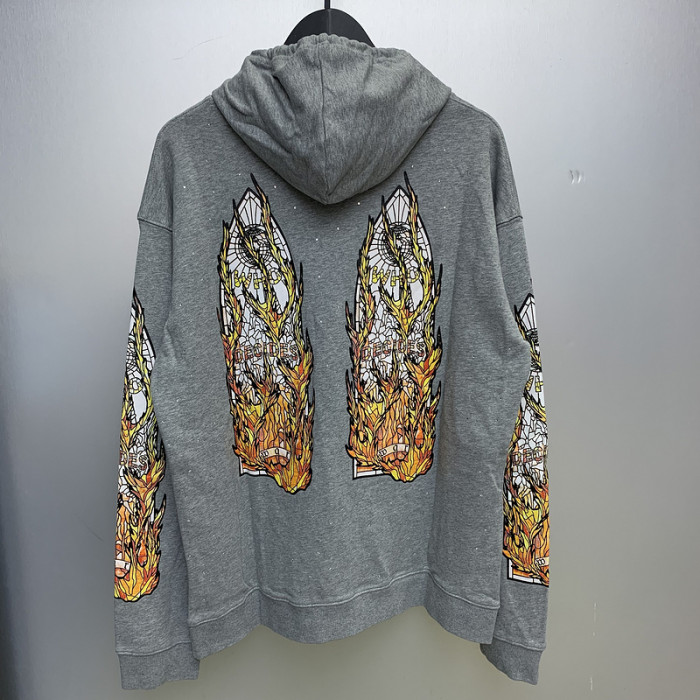 1:1 quality version Double-sided rhinestone flame letter logo washed version hoodie