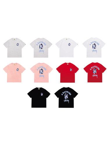 STU Co-Branded White Blue Black Reorganized Ape Small Head Letter Print Tee 5 colors