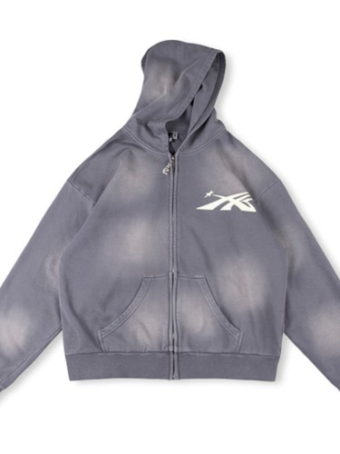 1:1 quality version Basic Front and Back Logo Print Washed Version Zipper Hoodie