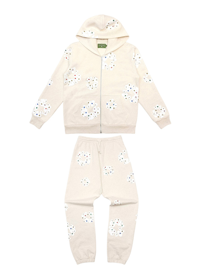 1:1 quality version Beige Jeweled Kapok Zip Hoodie & Sweatpants Set