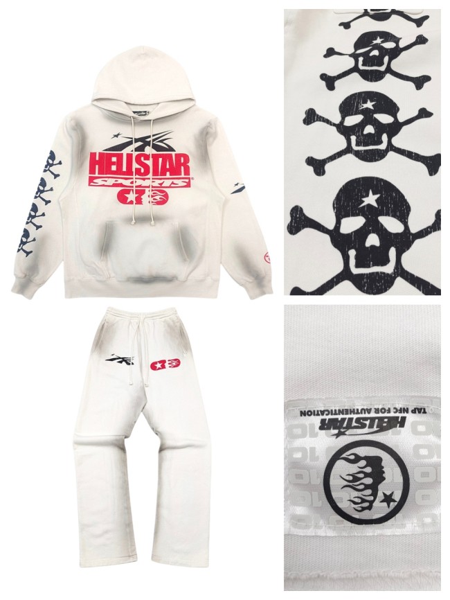 [Big & Tall for weights up to 260 lbs]1:1 quality version Beige Skull Slogan Logo Hoodie & Sweatpants Set with NFC tag