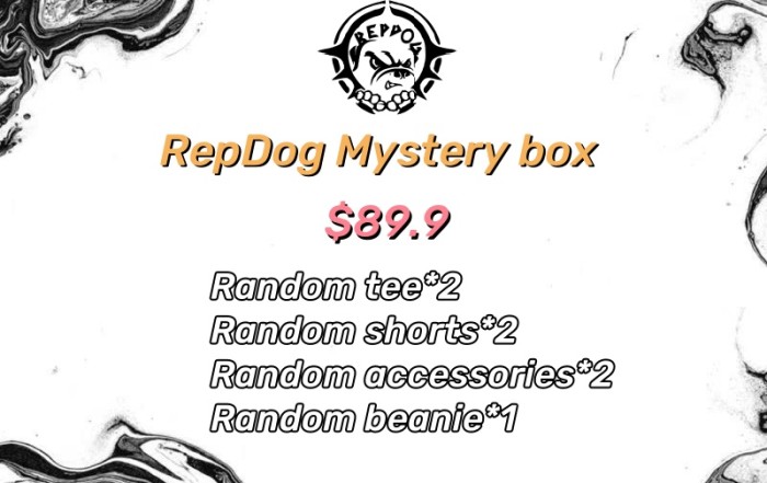 Repdog Mystery Box include random tee*2 + random shorts*2+ random accessories*2 + random beanie*1