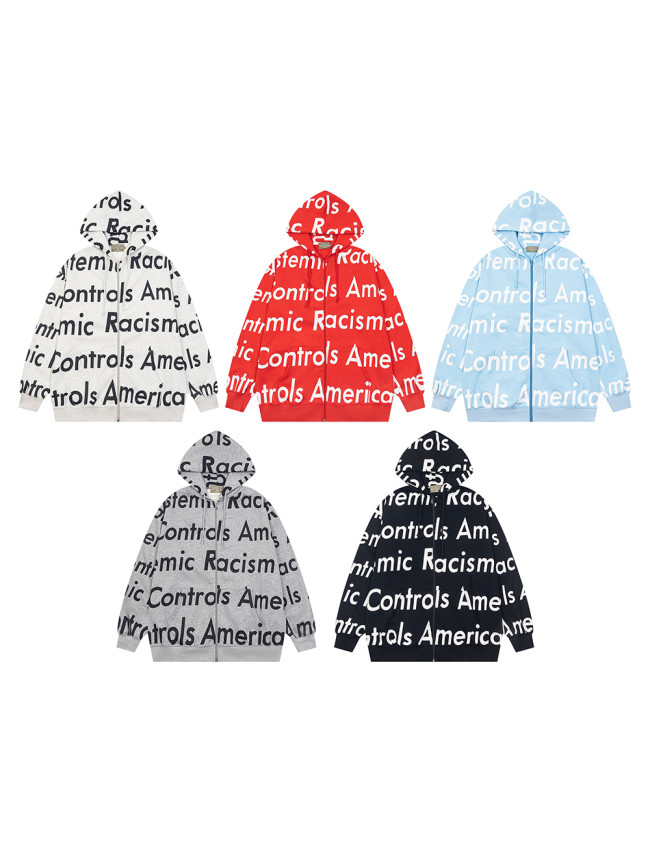 All-over print monogrammed hip-hop zipper  hoodie 5 colors