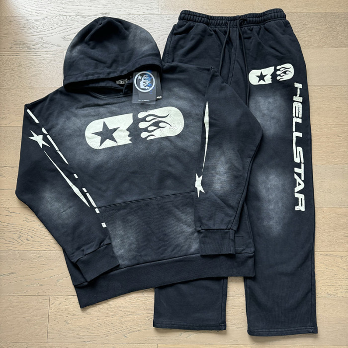Pentagram Sideface Goddess Monogram Logo Print Washed hoodie & pants set 2 colors
