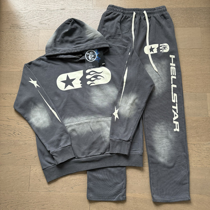 Pentagram Sideface Goddess Monogram Logo Print Washed hoodie & pants set 2 colors