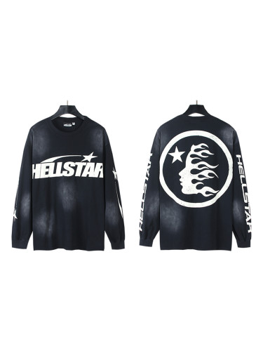 Letter Logo Printed Washed Black Long Sleeve T-Shirt