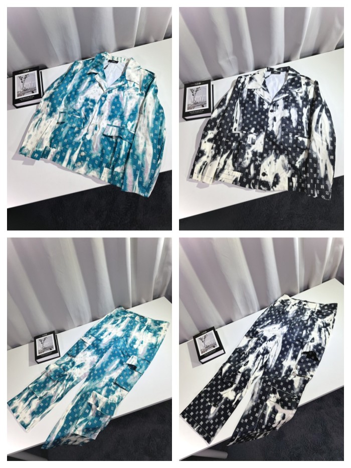 Ink Dye Cashew Flower Print Lapel Shirt & Pants set 2 colors