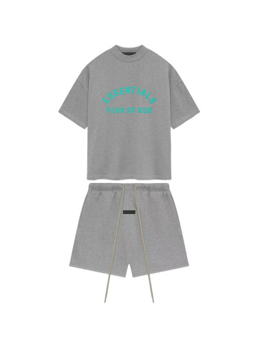 1:1 quality version Mint Green Curved Letter Dark Heather Oatmeal Tee &  Shorts Set