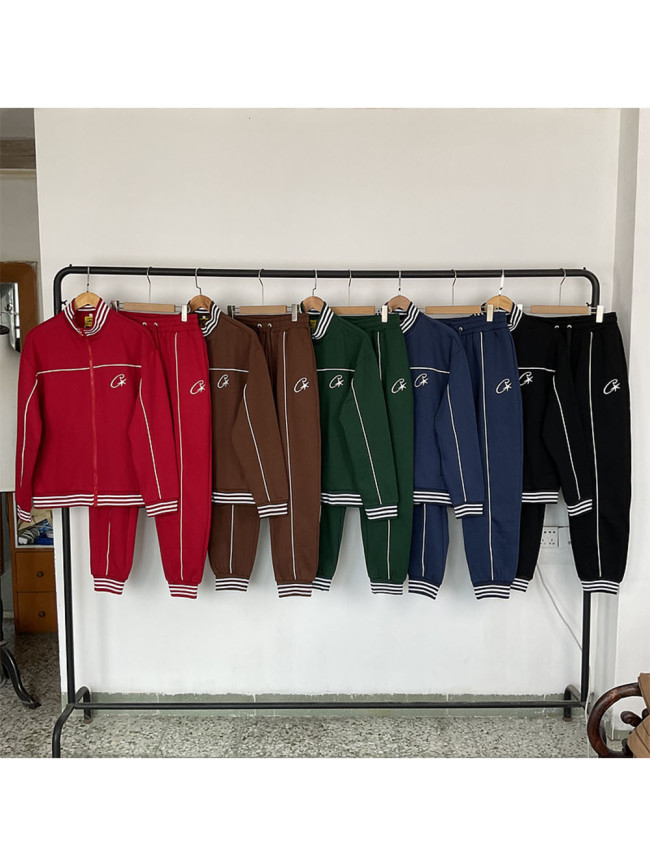 Chest logo print striped collar Jacket & Pants Set 5 colors