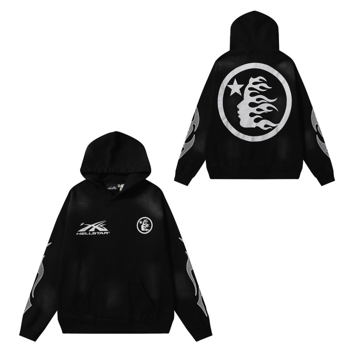 Double Logo Flame Print Washed Aged  hoodie & pants set 2 colors